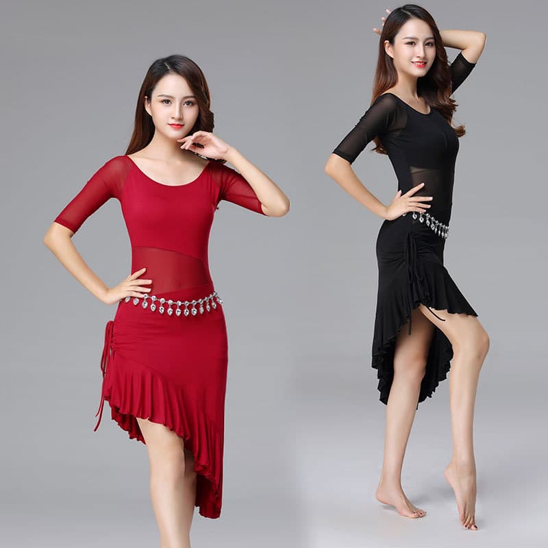 舞台映えダンス ドレス メッシュスリーブ アシンメトリー ダンスドレス｜エレガントなバレエスタイルを取り入れた社交