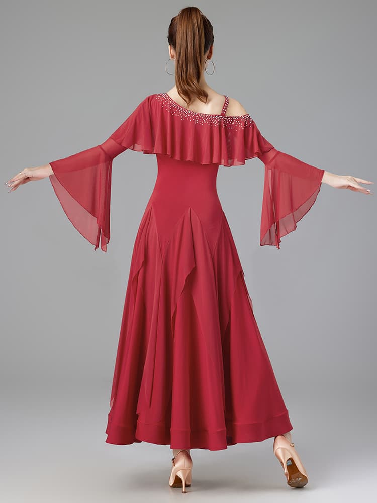 社交 ダンス ドレス 華麗なフリル袖フレアドレス