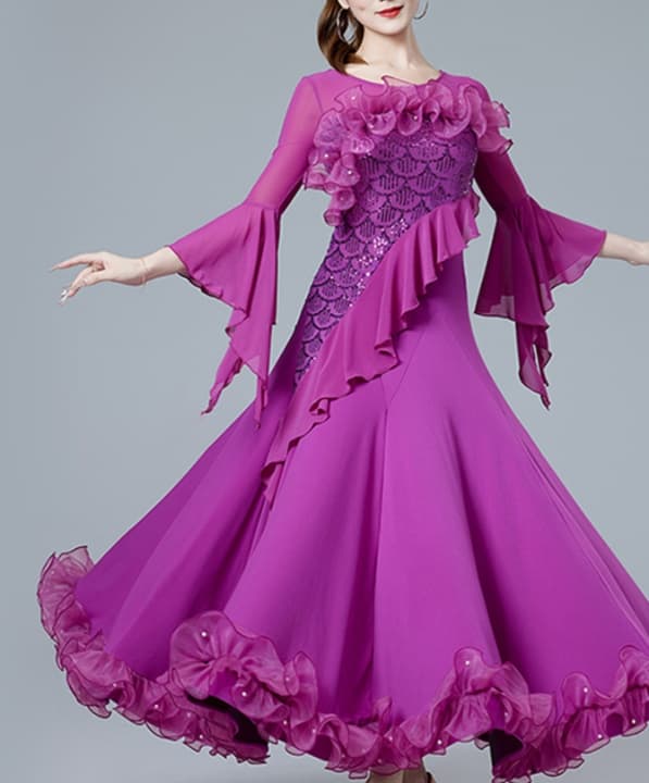 ダンス ドレス 優美な袖フリル 華やかロングドレス