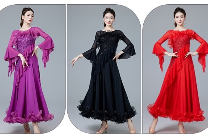 ダンス ドレス 優美な袖フリル 華やかロングドレス