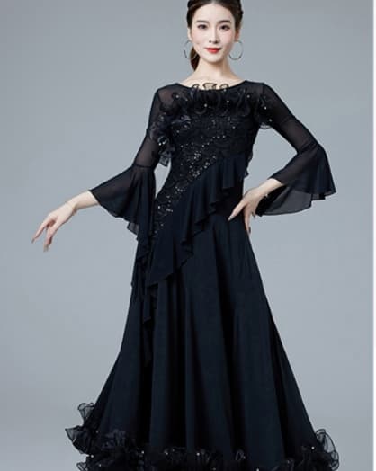 ダンス ドレス 優美な袖フリル 華やかロングドレス