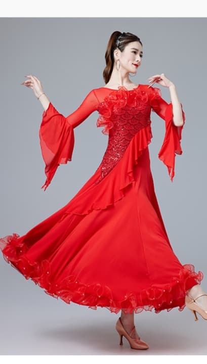 ダンス ドレス 優美な袖フリル 華やかロングドレス