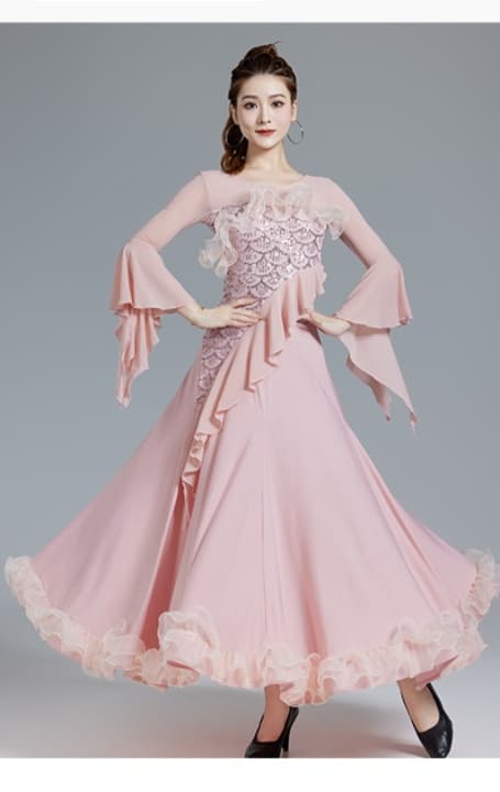 ダンス ドレス 優美な袖フリル 華やかロングドレス