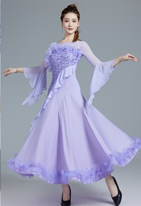 ダンス ドレス 優美な袖フリル 華やかロングドレス