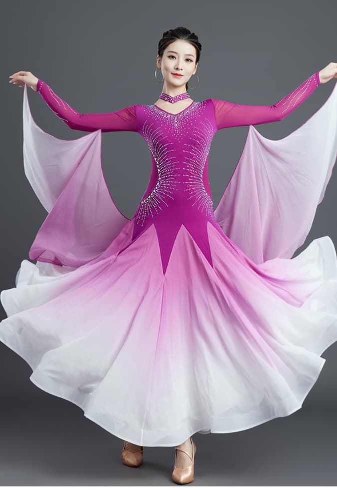 社交 ダンス ドレス  社交ダンス 優美な袖付きグラデーションワルツドレス