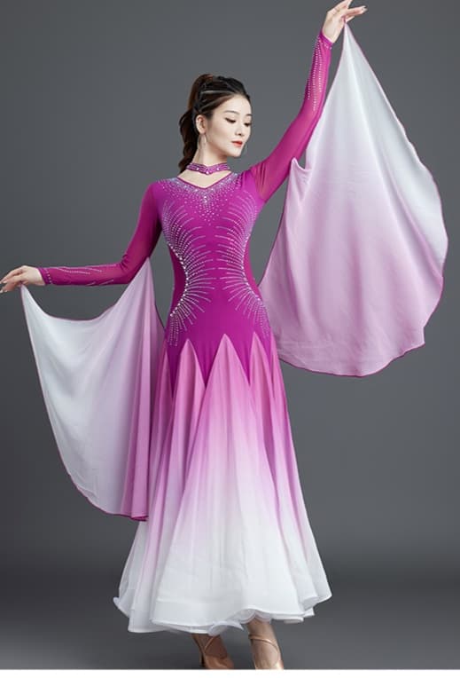 社交 ダンス ドレス  社交ダンス 優美な袖付きグラデーションワルツドレス