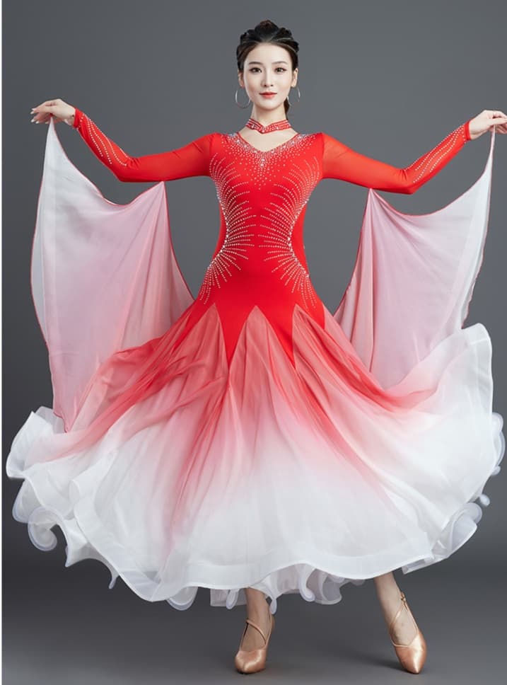社交 ダンス ドレス  社交ダンス 優美な袖付きグラデーションワルツドレス