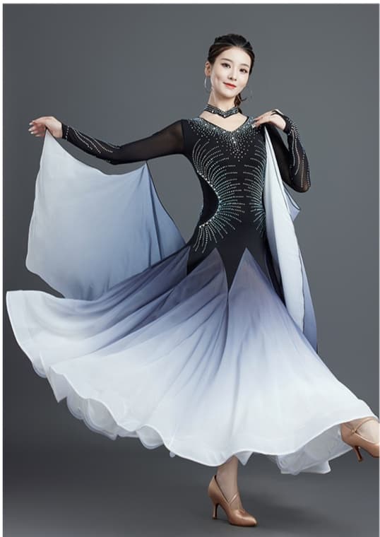 社交 ダンス ドレス  社交ダンス 優美な袖付きグラデーションワルツドレス