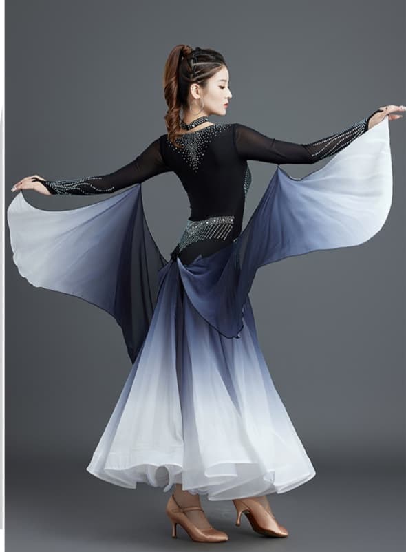 社交 ダンス ドレス  社交ダンス 優美な袖付きグラデーションワルツドレス