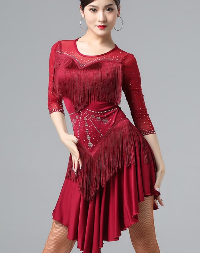 社交ダンス ドレス ジャズ 流れるフリンジ 非対称裾 舞踏衣装