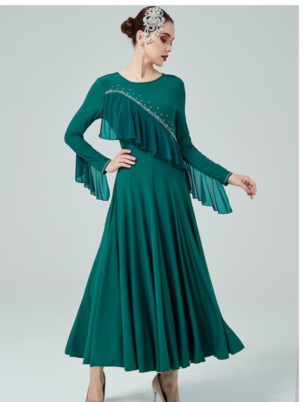 社交 ダンス ドレス 社交ダンス 優雅なフリル袖付きロングドレス