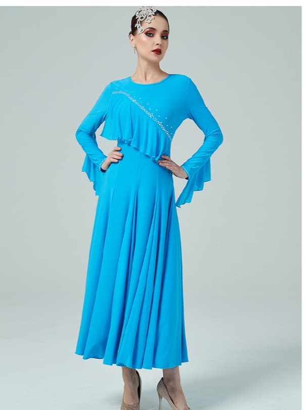 社交 ダンス ドレス 社交ダンス 優雅なフリル袖付きロングドレス