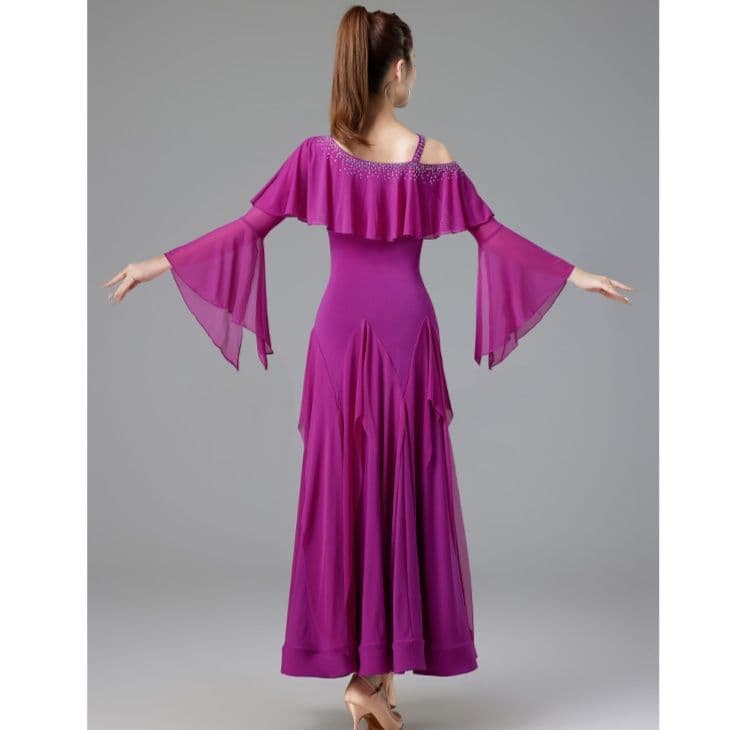 社交 ダンス ドレス 華麗なフリル袖フレアドレス