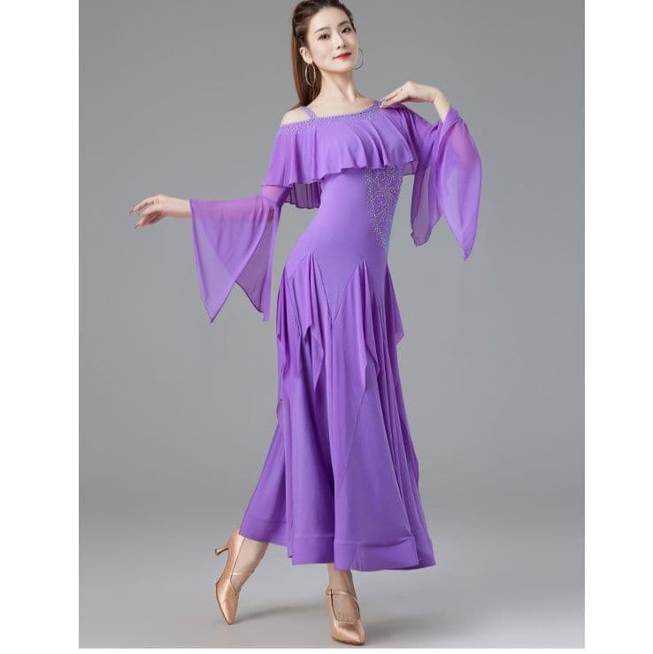 社交 ダンス ドレス 華麗なフリル袖フレアドレス