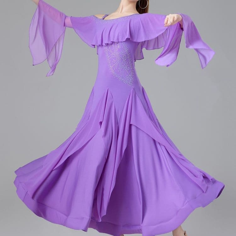 社交 ダンス ドレス 華麗なフリル袖フレアドレス