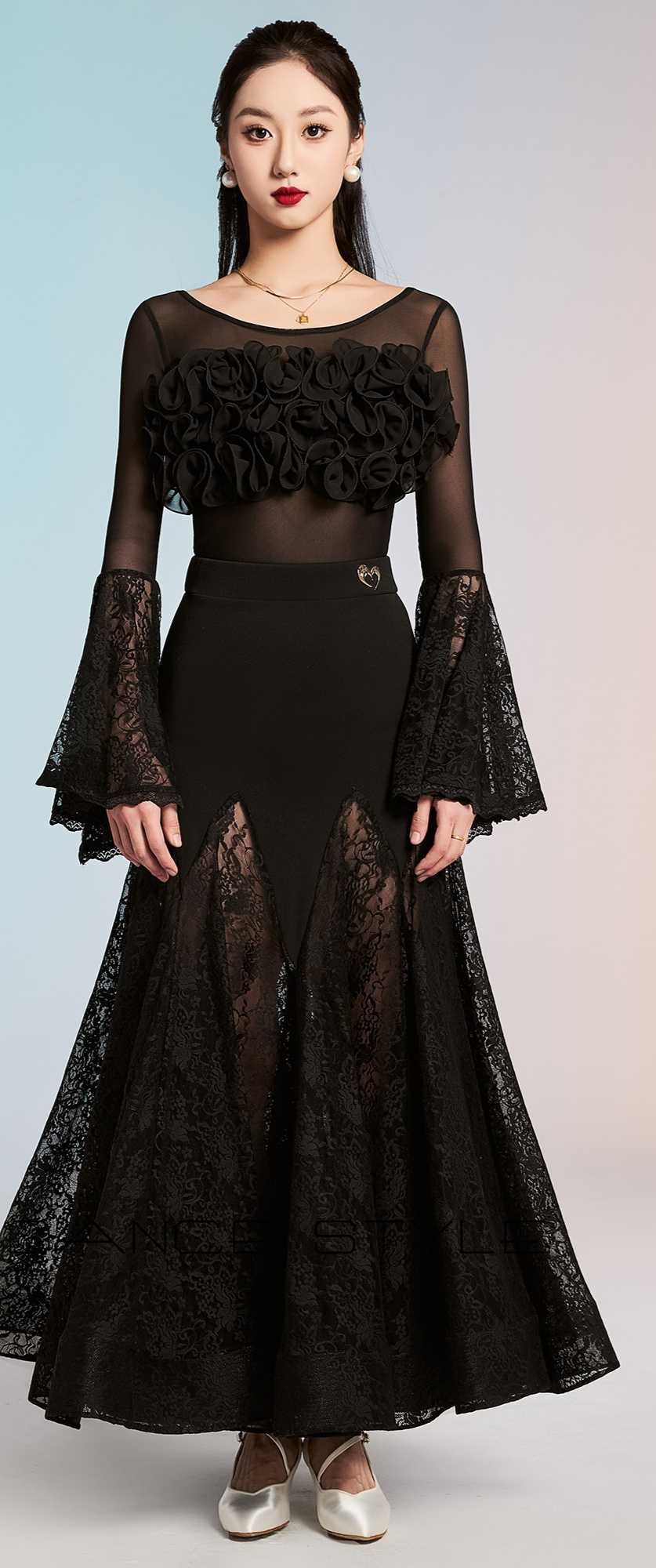 社交 ダンス ドレス 社交ダンス シックな花飾り付き舞踏会ドレス