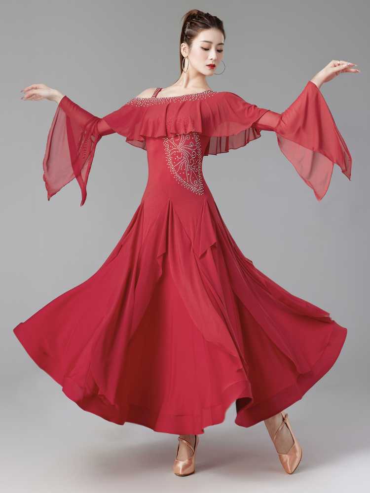 社交 ダンス ドレス 華麗なフリル袖フレアドレス