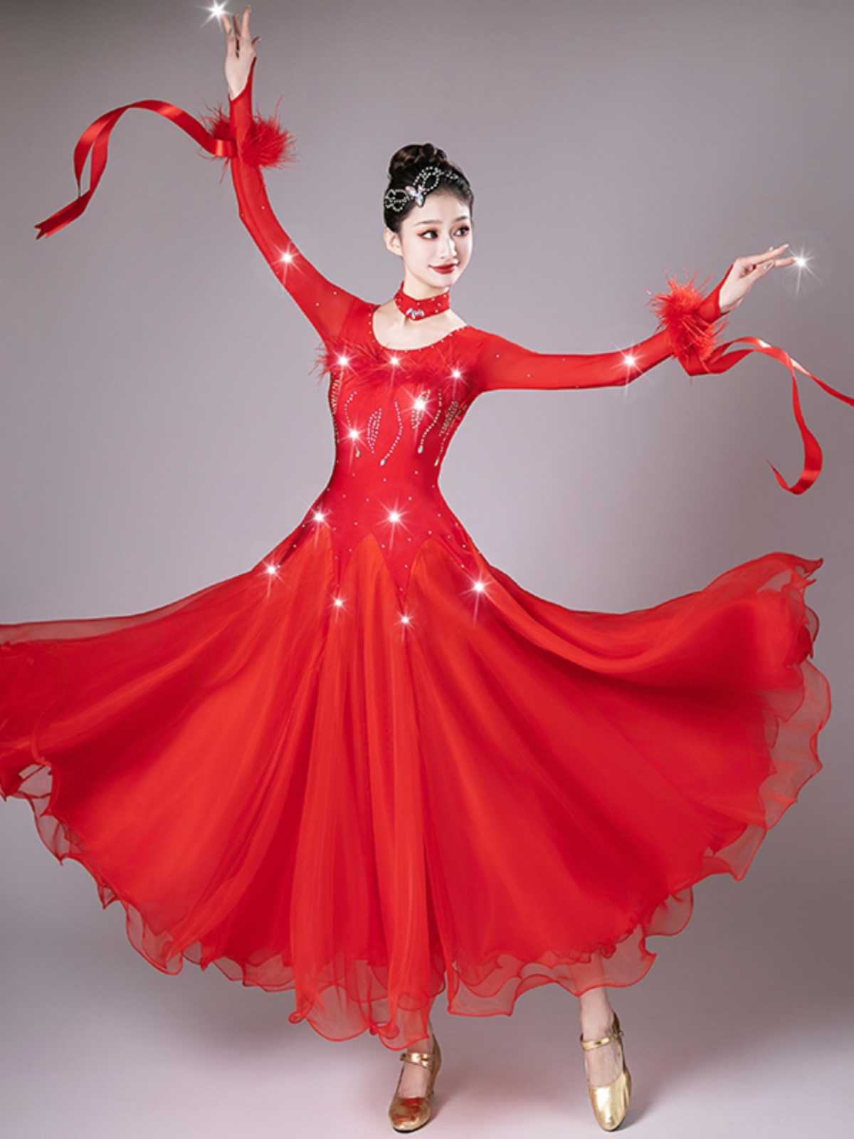 社交 ダンス ドレス 情熱リボン フェザー ドレス