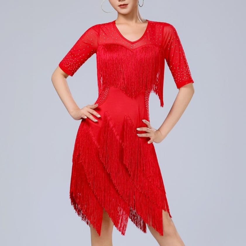 社交 ダンス ドレス フリンジ多層デザイン五分袖社交ダンスドレス