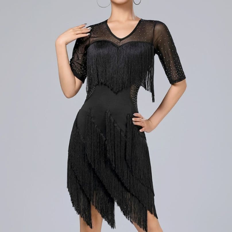 社交 ダンス ドレス フリンジ多層デザイン五分袖社交ダンスドレス
