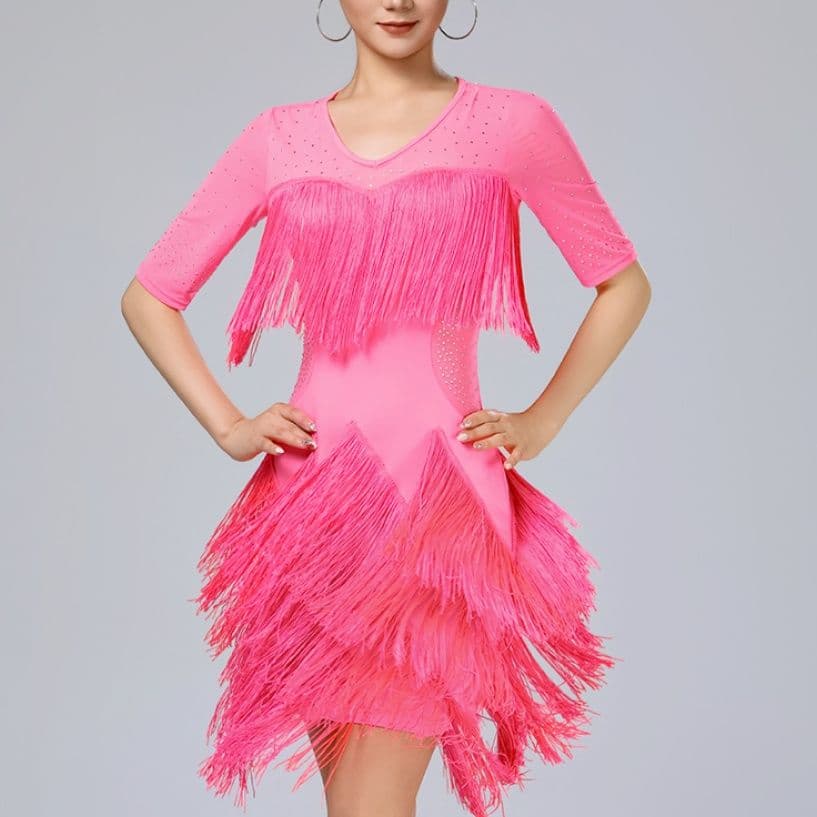 社交 ダンス ドレス フリンジ多層デザイン五分袖社交ダンスドレス