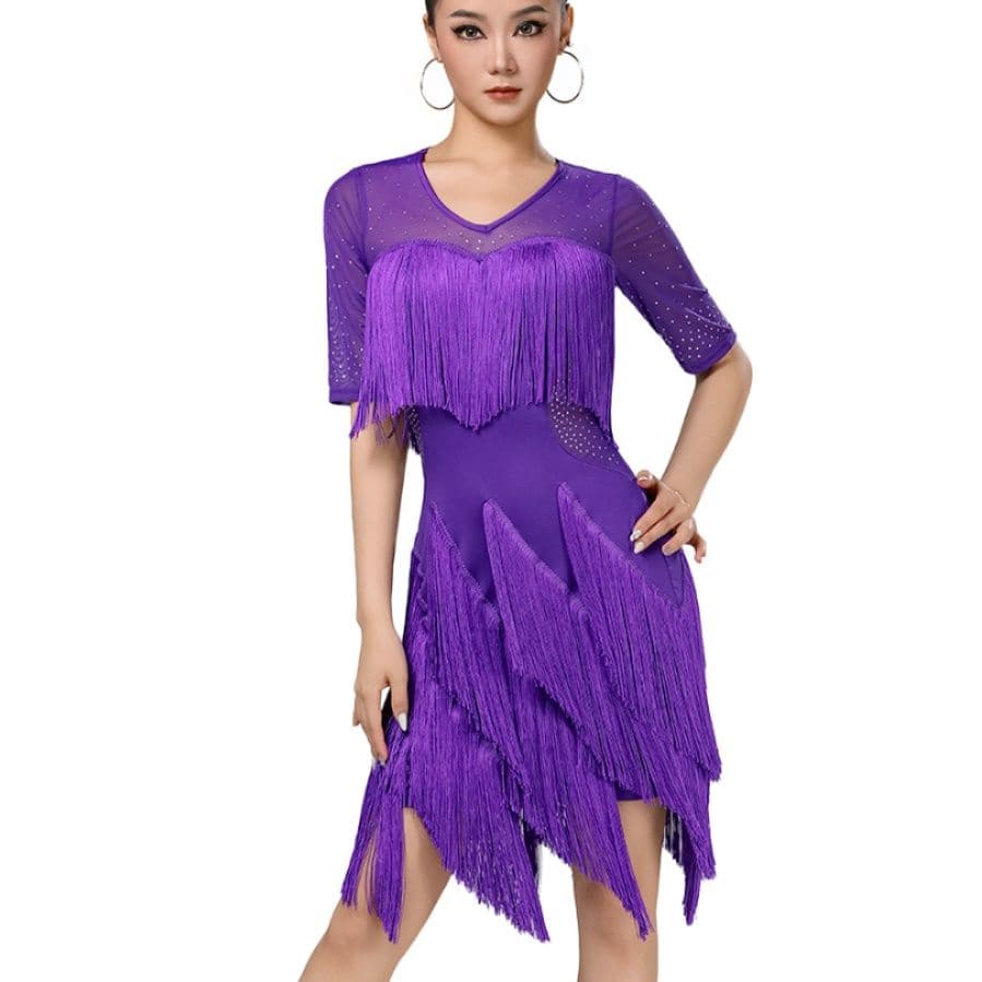社交 ダンス ドレス フリンジ多層デザイン五分袖社交ダンスドレス