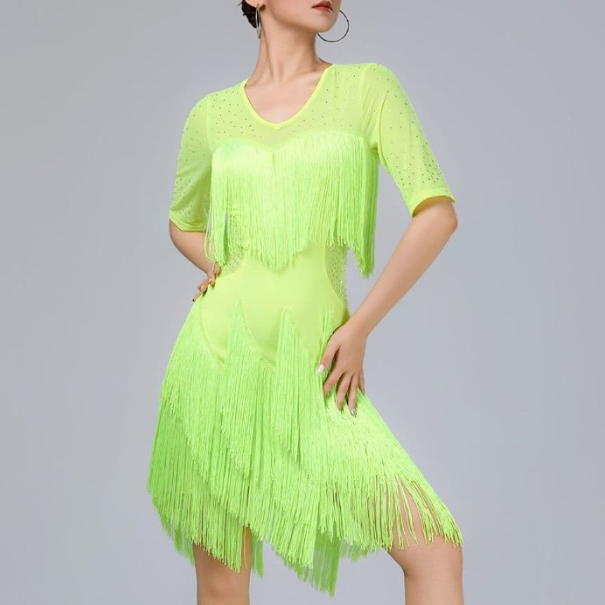 社交 ダンス ドレス フリンジ多層デザイン五分袖社交ダンスドレス
