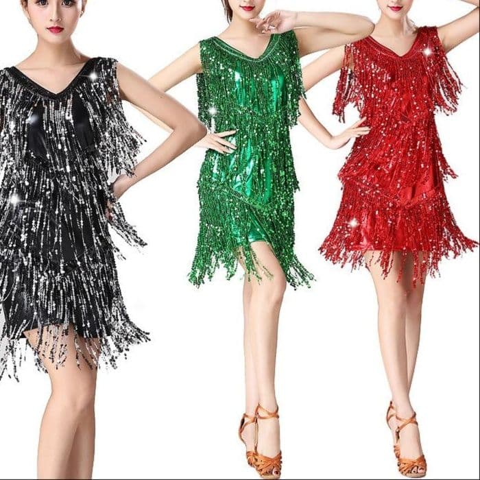 社交 ダンス ドレス スパンコール装飾多層フリンジノースリーブドレス