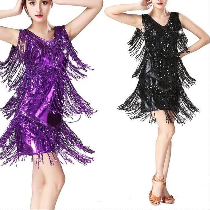社交 ダンス ドレス スパンコール装飾多層フリンジノースリーブドレス