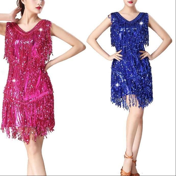 社交 ダンス ドレス スパンコール装飾多層フリンジノースリーブドレス