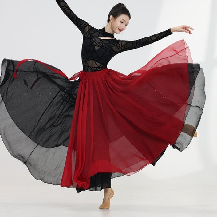 社交 ダンス ドレス 幾何学模様シースルートップ重ね着風ボリュームスカートドレス