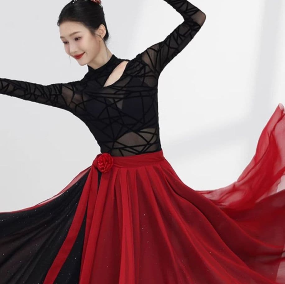 社交 ダンス ドレス 幾何学模様シースルートップ重ね着風ボリュームスカートドレス