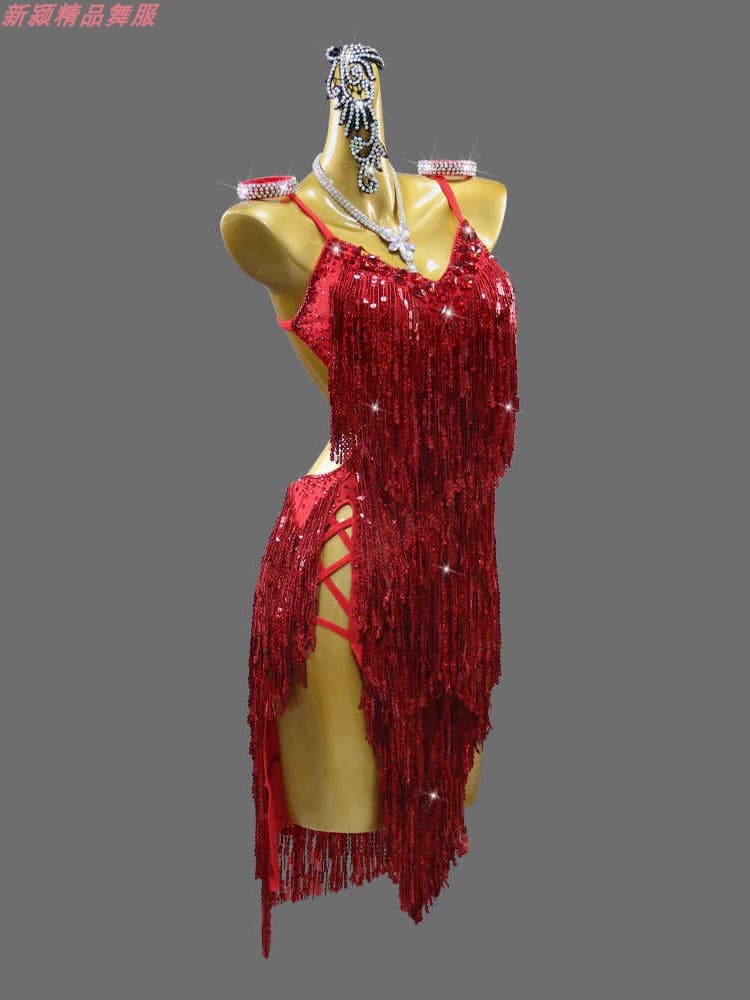 社交 ダンス ドレス 煌めき流れるフリンジドレス