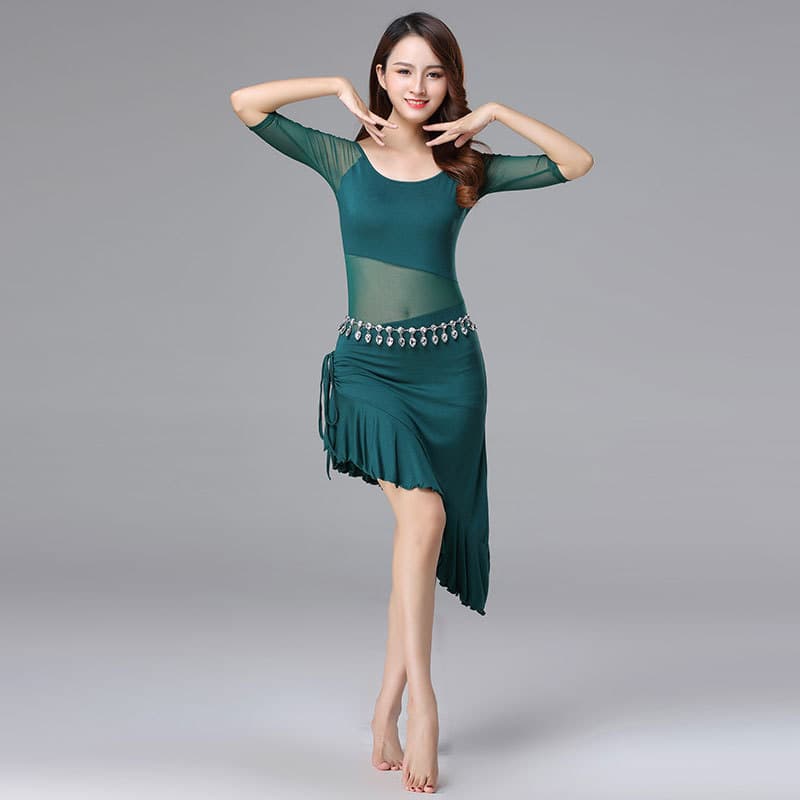 舞台映えダンス ドレス メッシュスリーブ アシンメトリー ダンスドレス｜エレガントなバレエスタイルを取り入れた社交