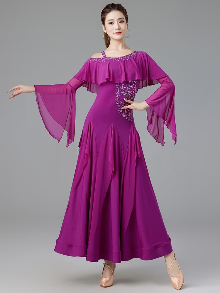 社交 ダンス ドレス 華麗なフリル袖フレアドレス