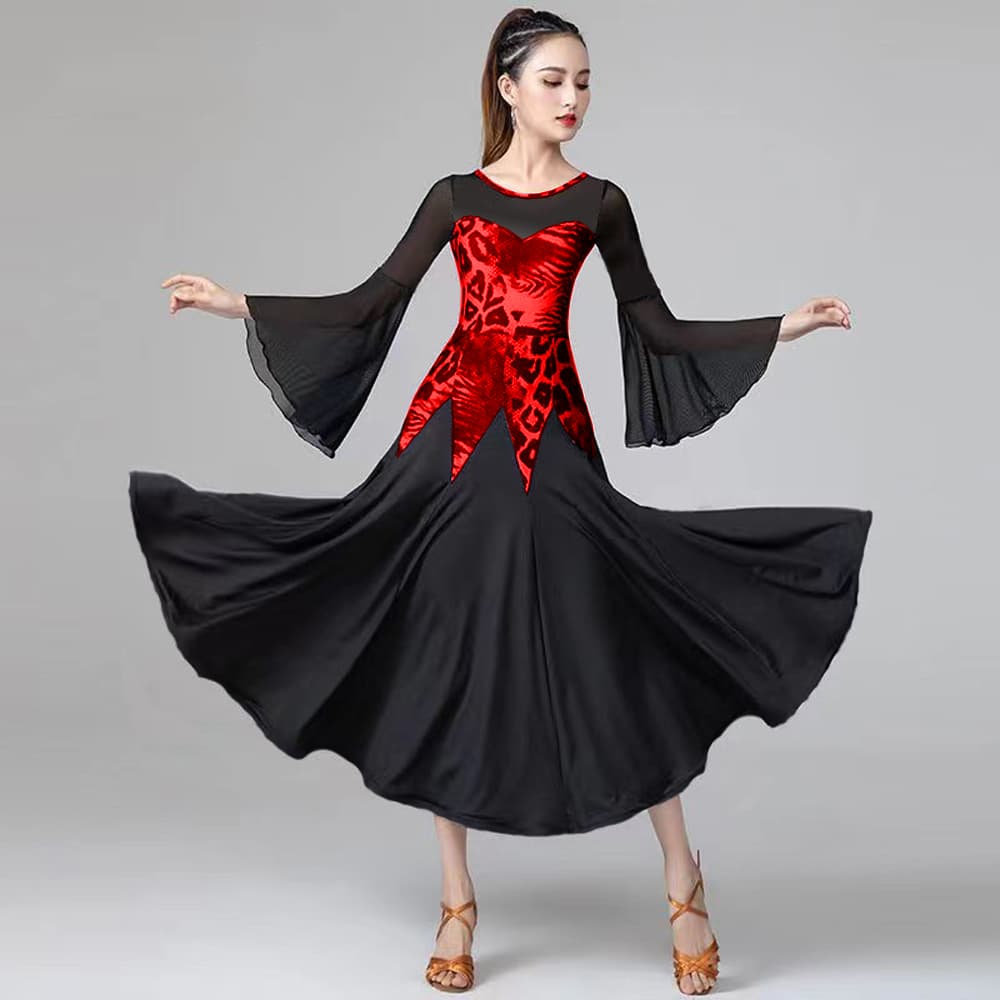 社交 ダンス ドレス 華麗なフレアスリーブラテンドレス