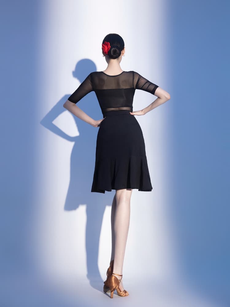 社交 ダンス ドレス 優美シースルーフリルラテンドレス