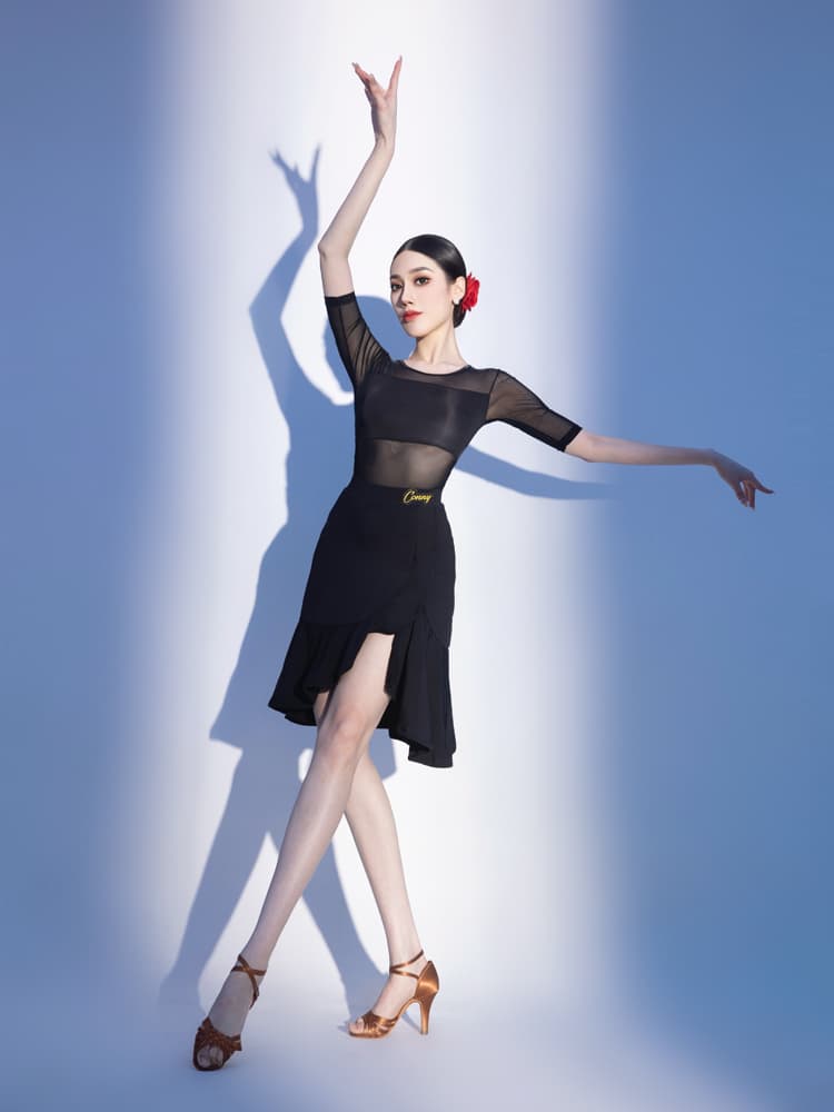 社交 ダンス ドレス 優美シースルーフリルラテンドレス