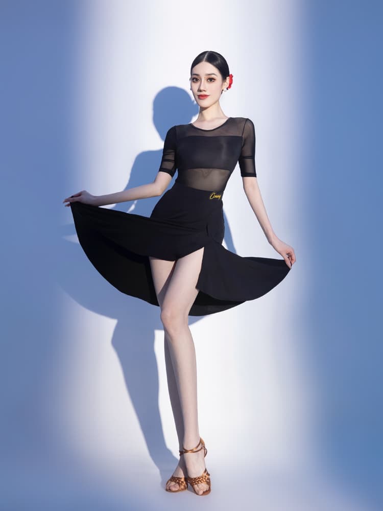 社交 ダンス ドレス 優美シースルーフリルラテンドレス