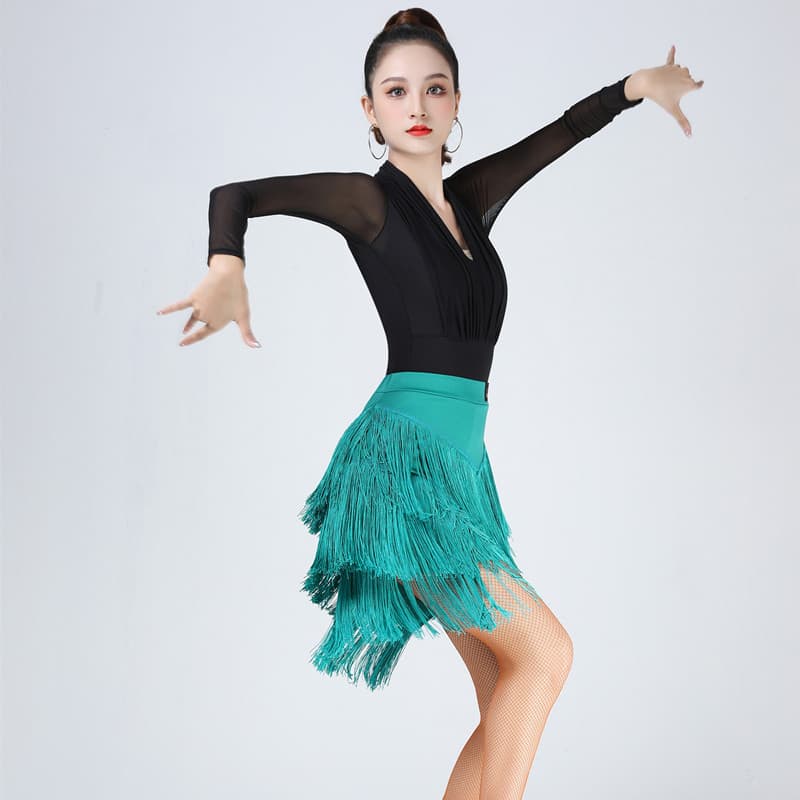 エレガントメッシュ ダンスドレス｜フリンジとVネックデザイン