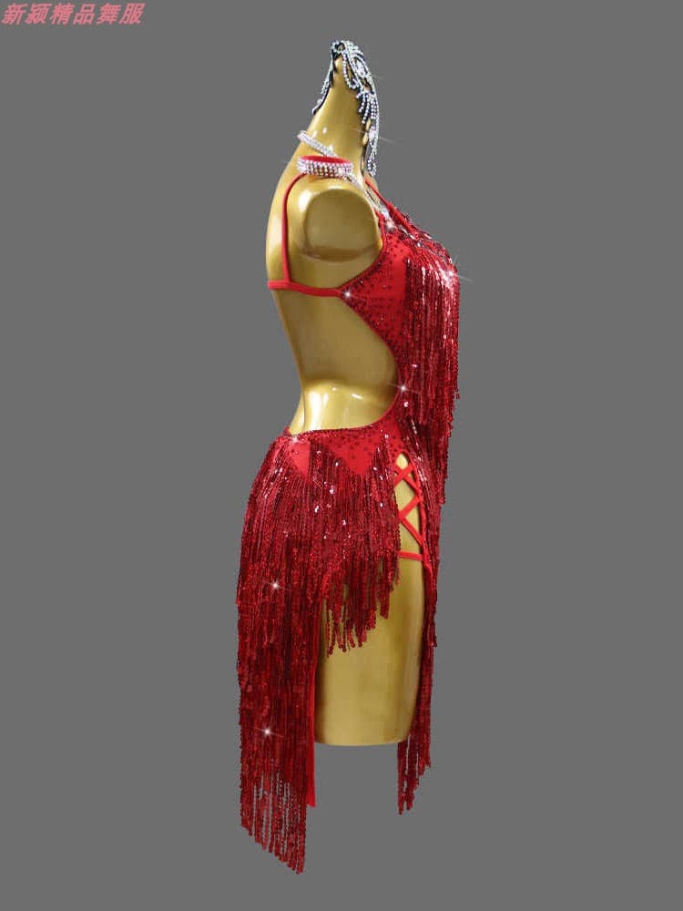 社交 ダンス ドレス 煌めき流れるフリンジドレス