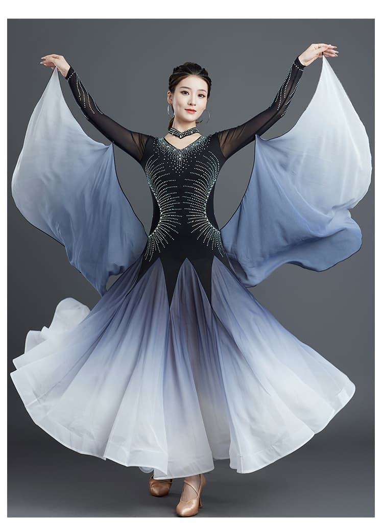 社交 ダンス ドレス  社交ダンス 優美な袖付きグラデーションワルツドレス