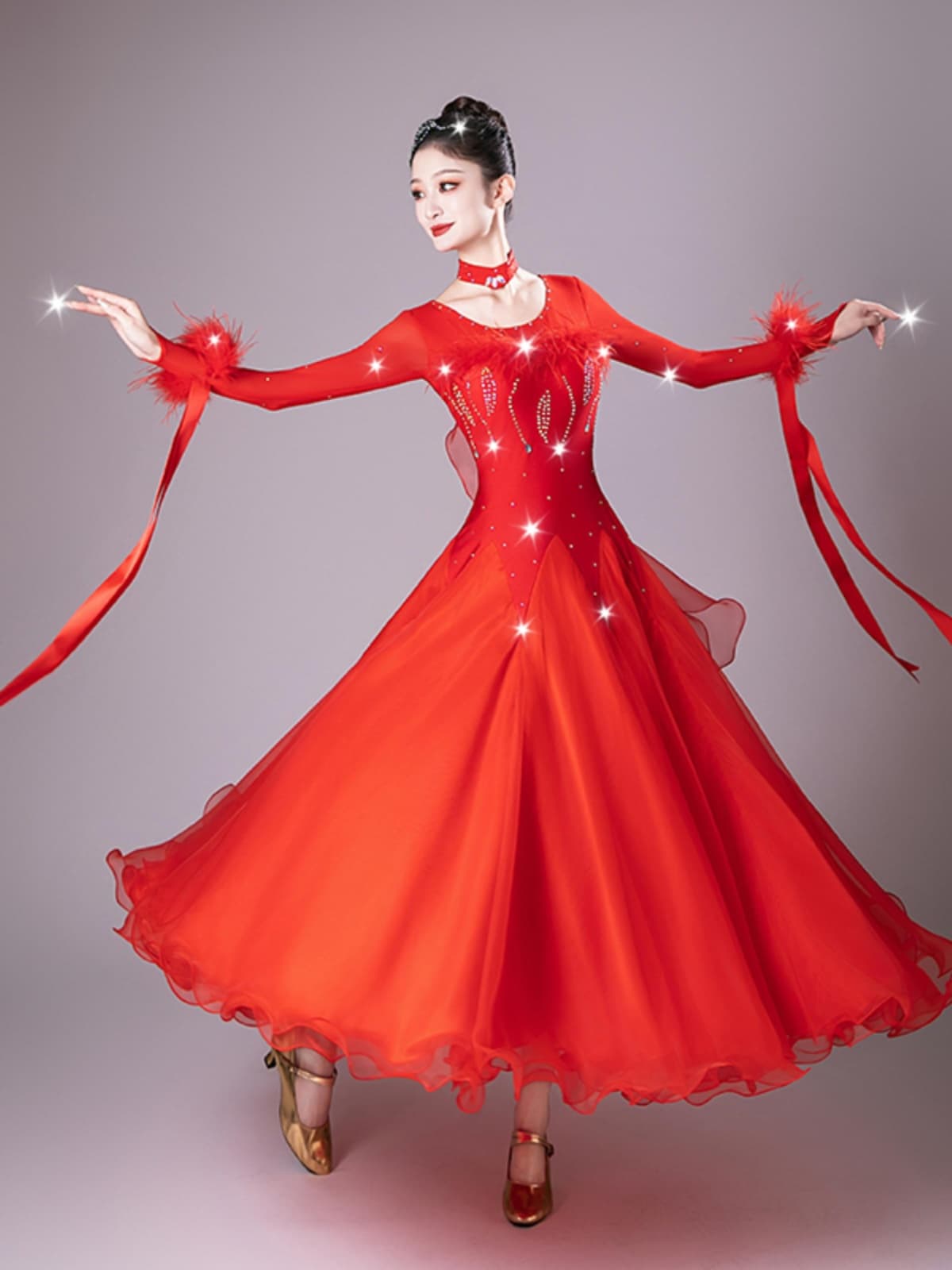 社交 ダンス ドレス 情熱リボン フェザー ドレス