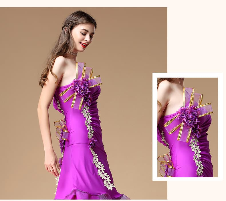 ダンス ドレス 優美な花飾り付きラテンドレス