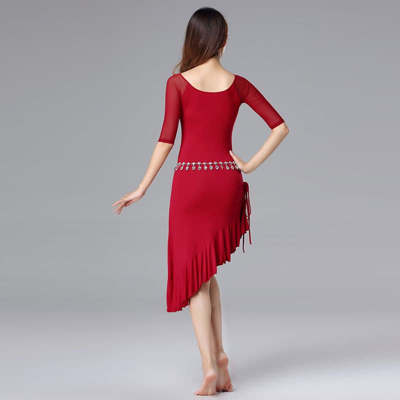 舞台映えダンス ドレス メッシュスリーブ アシンメトリー ダンスドレス｜エレガントなバレエスタイルを取り入れた社交