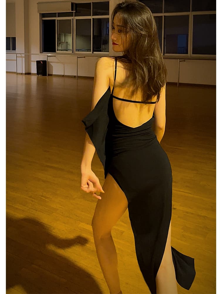 社交ダンス ドレス ジャズ 片肩揺れるシルエット優雅ロングドレス