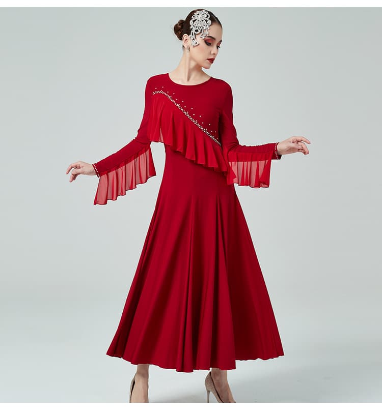 社交 ダンス ドレス 社交ダンス 優雅なフリル袖付きロングドレス