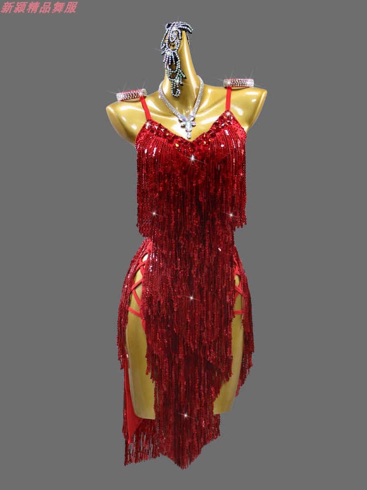 社交 ダンス ドレス 煌めき流れるフリンジドレス