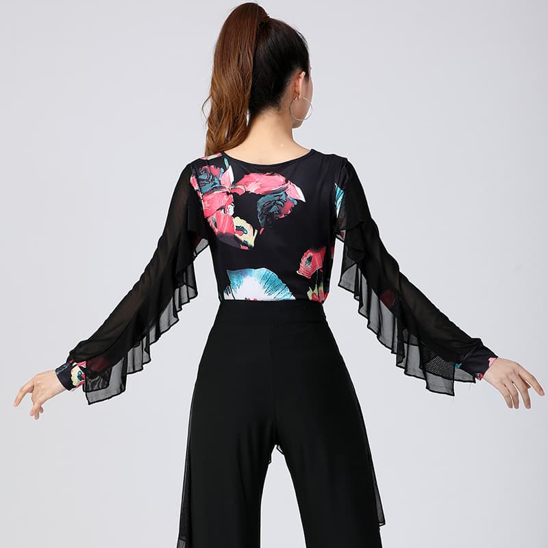 ダンス ドレス 優美な花柄フリル袖レッスンドレス