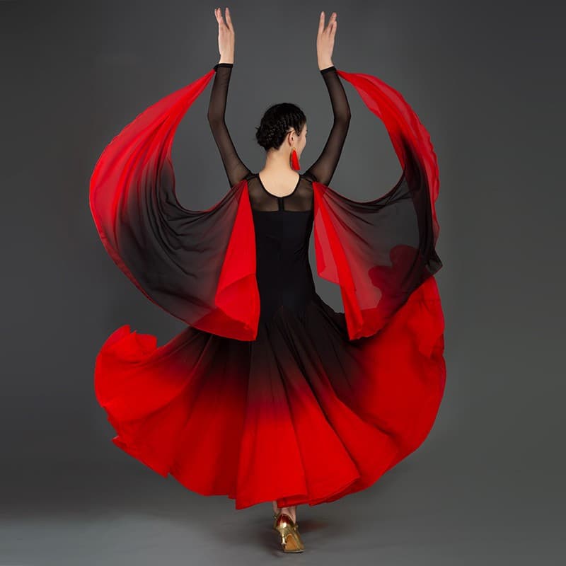 優雅さ引き立つメッシュ袖付きグラデーションダンスドレス｜このバレエスタイルの社交ダンスドレスは、しなやかな素材